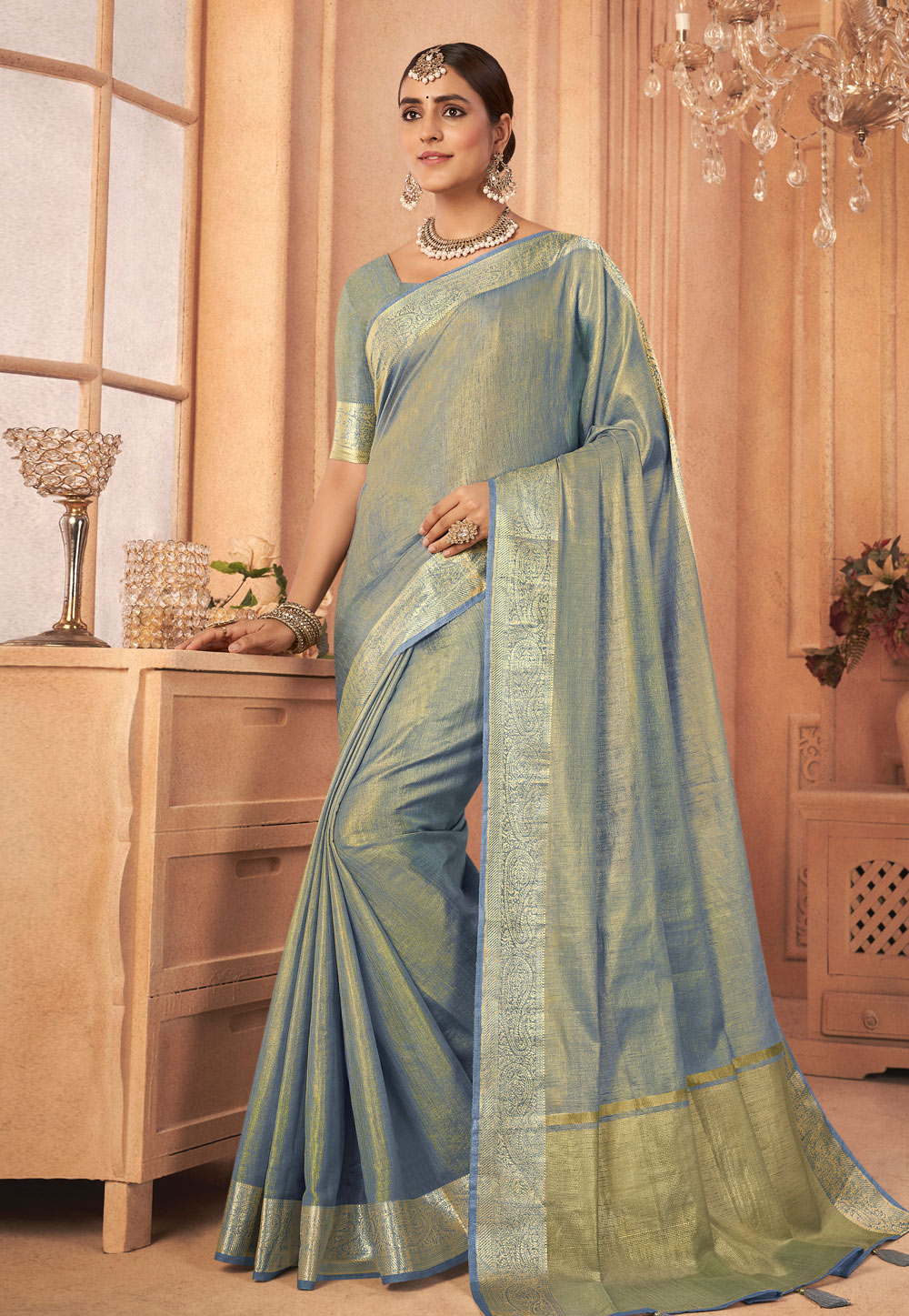 Grey Linen Saree With Blouse 266344