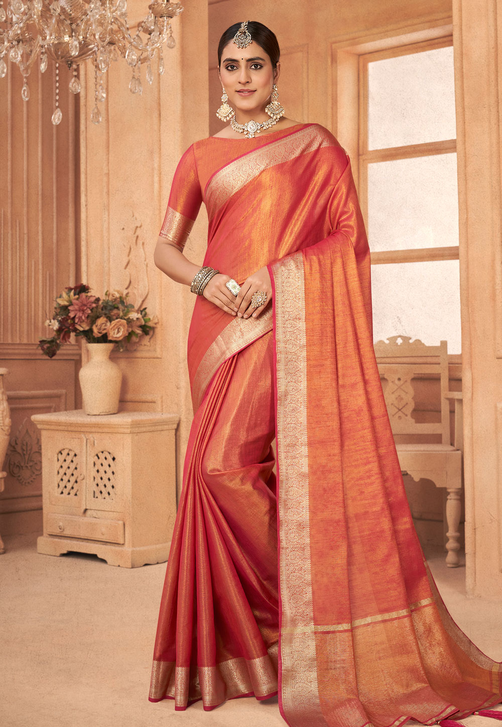 Rust Linen Saree With Blouse 266345