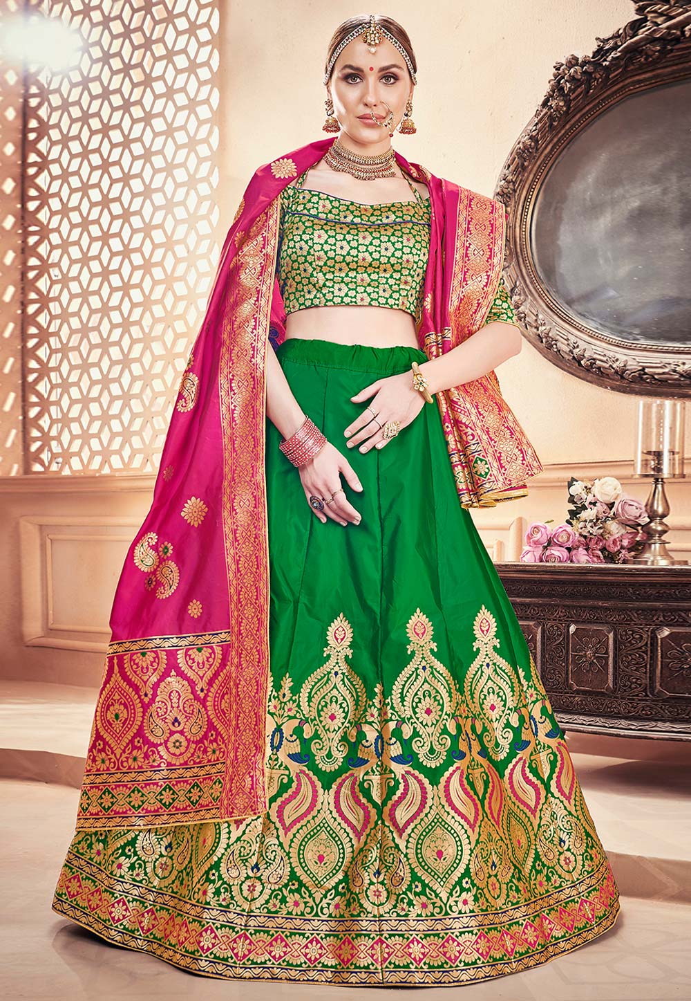 Green Banarasi Silk Circular Lehenga Choli 171735