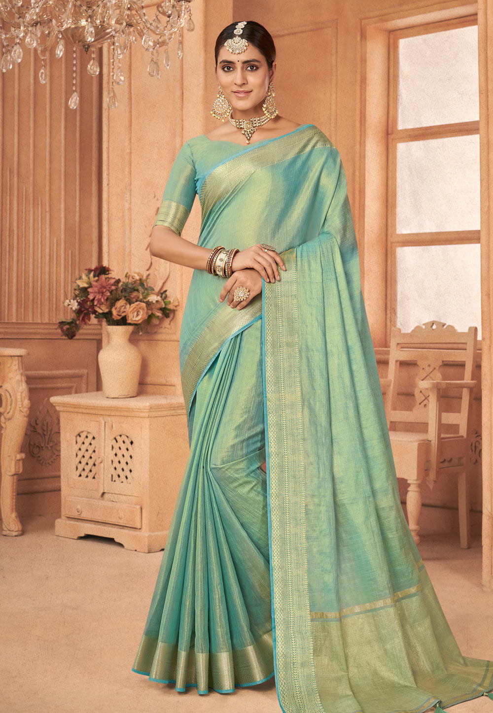 Sea Green Linen Saree With Blouse 266348