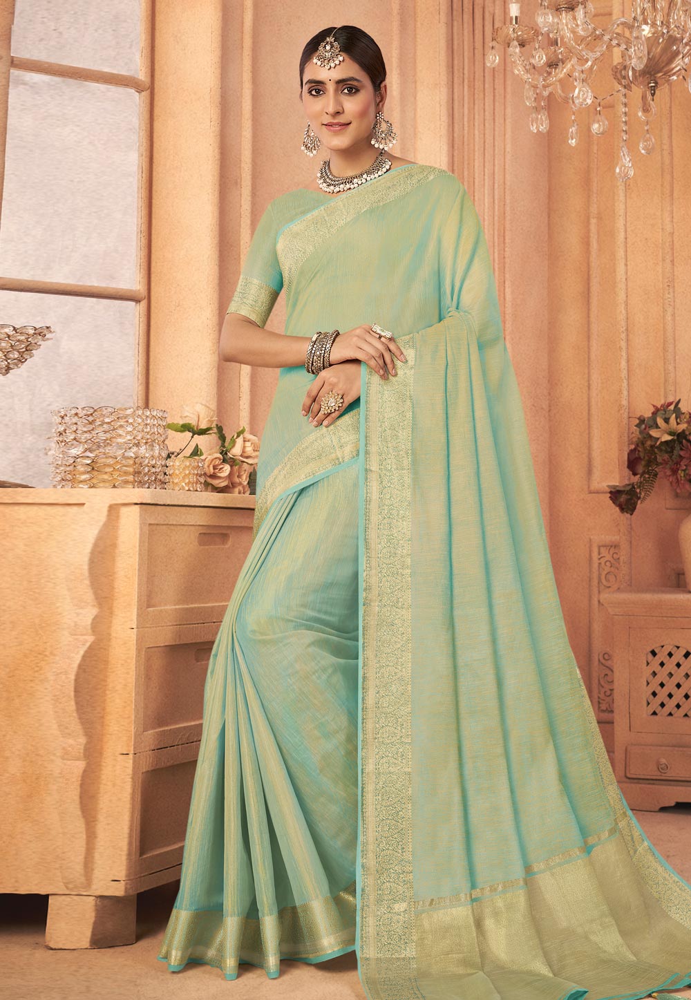 Sea Green Linen Saree With Blouse 266350