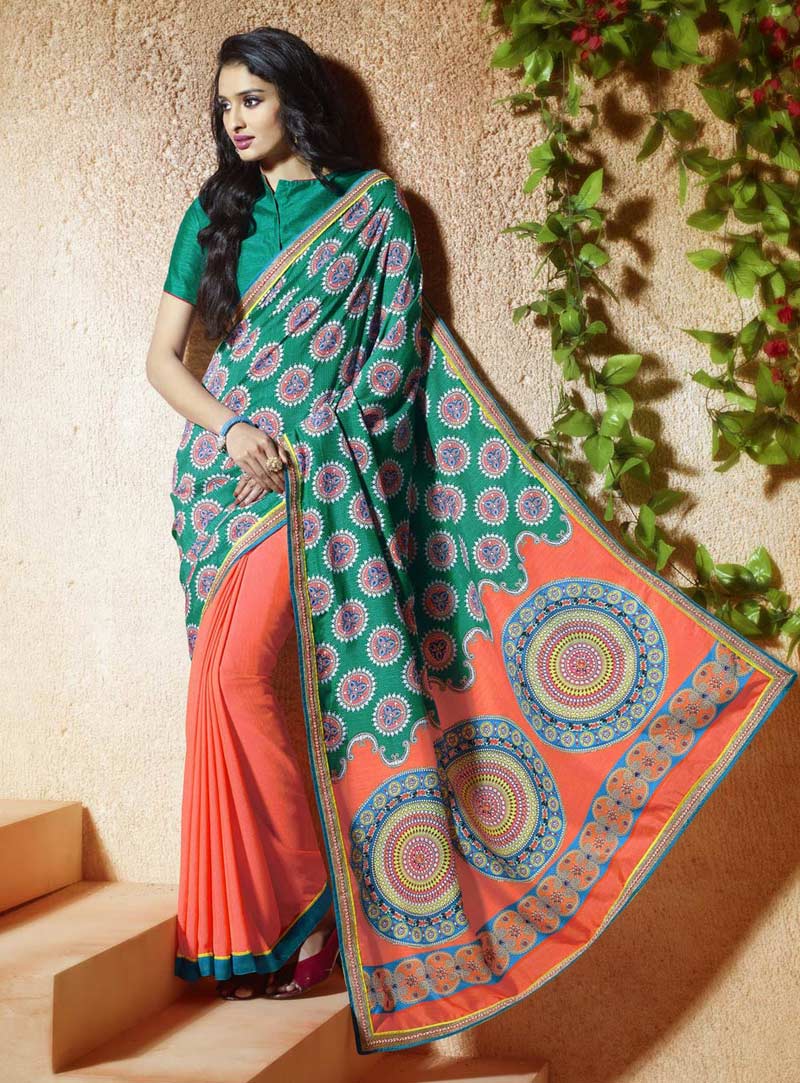 Sea Green Art Silk Printed Saree With Blouse 78876