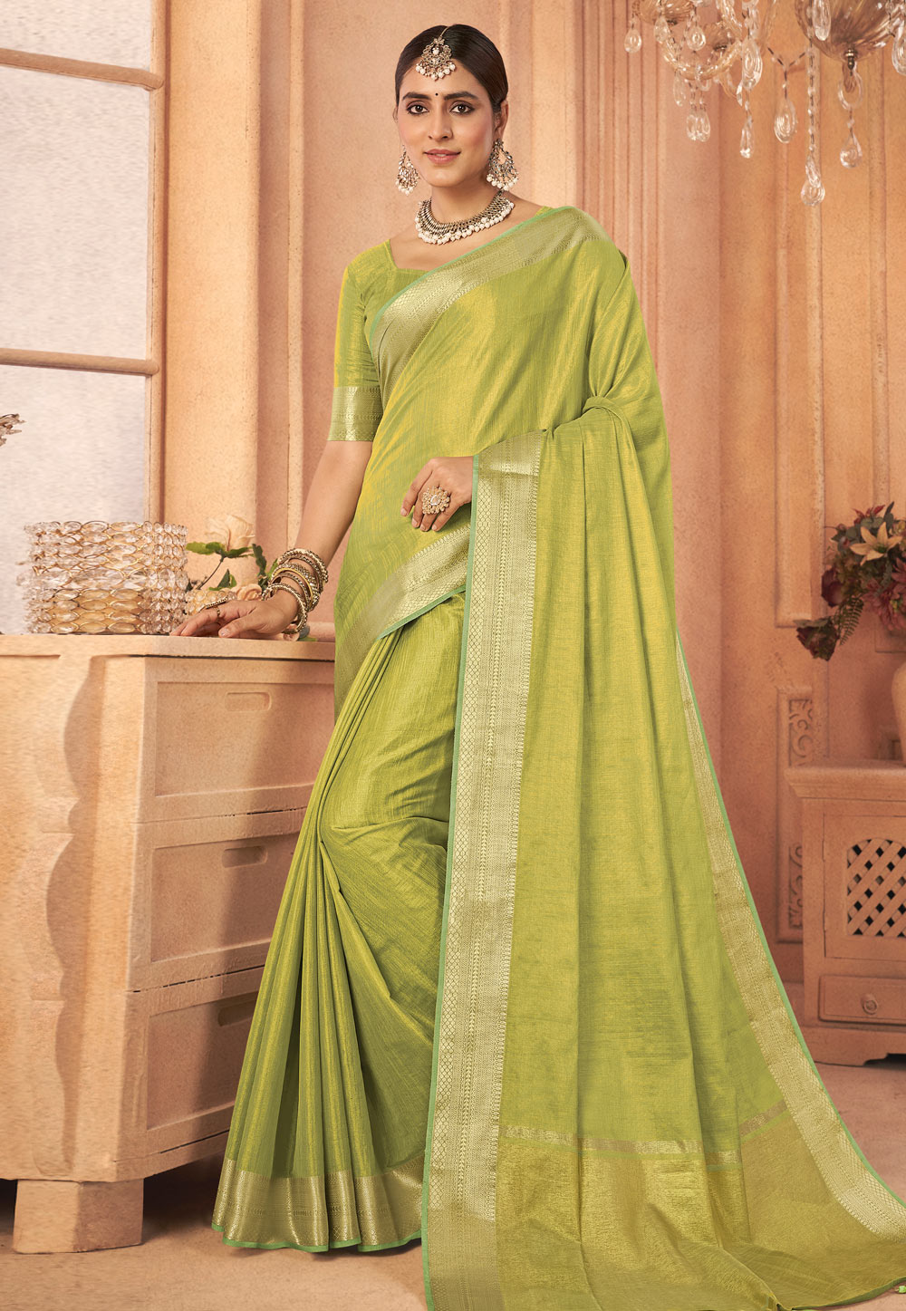 Light Green Linen Saree With Blouse 266351