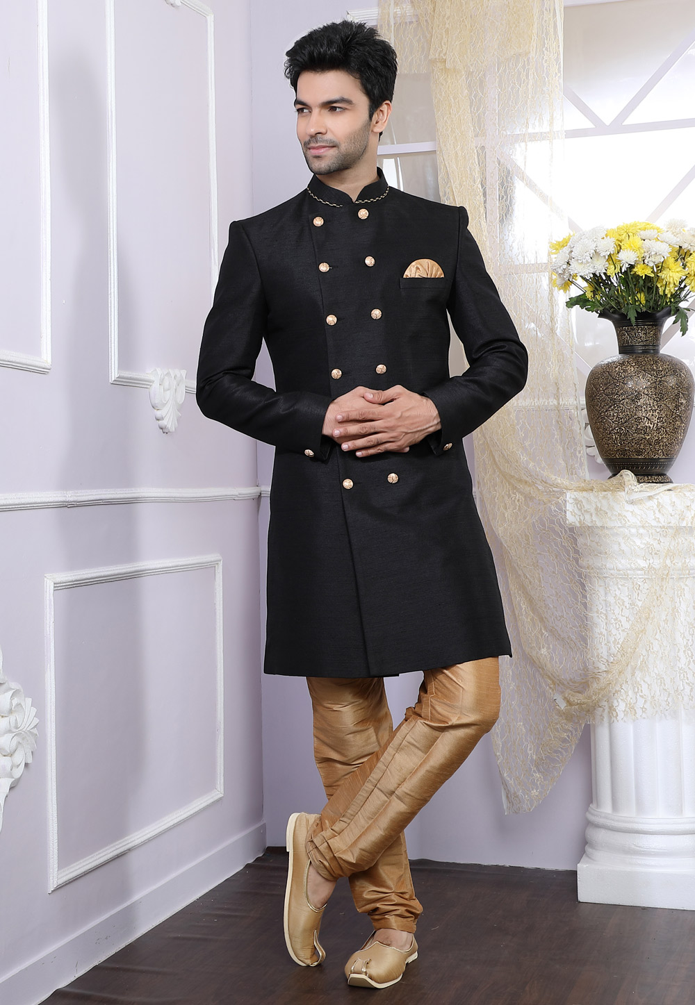 Black Banglori Silk Readymade Indo Western Suit 166986