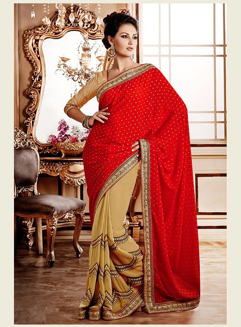 Red Georgette Half and Half Saree With Blouse 75282