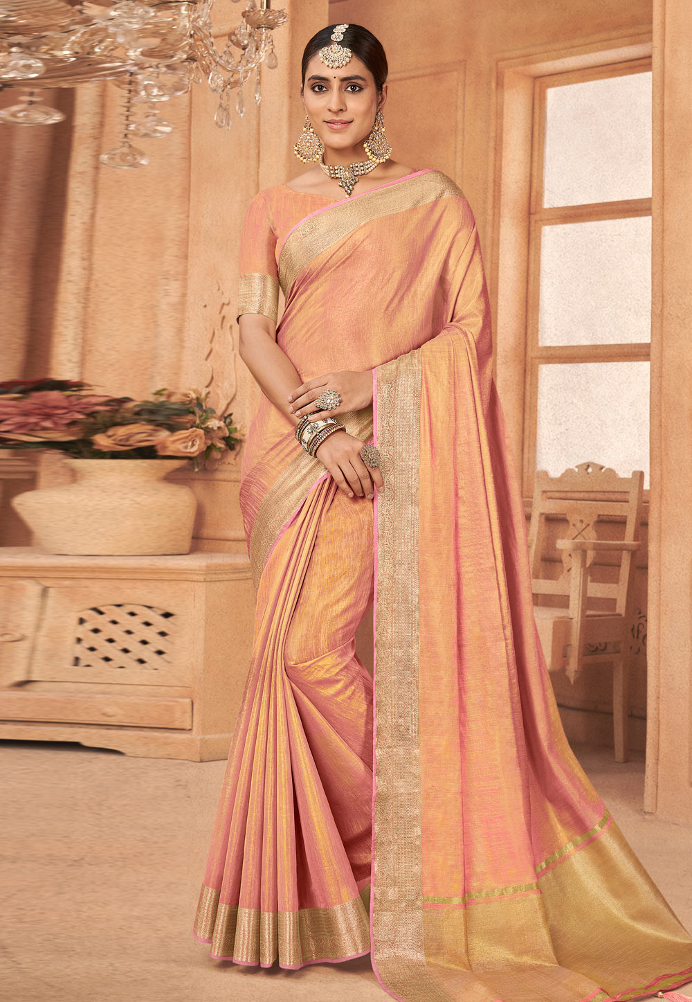 Peach Linen Saree With Blouse 266352