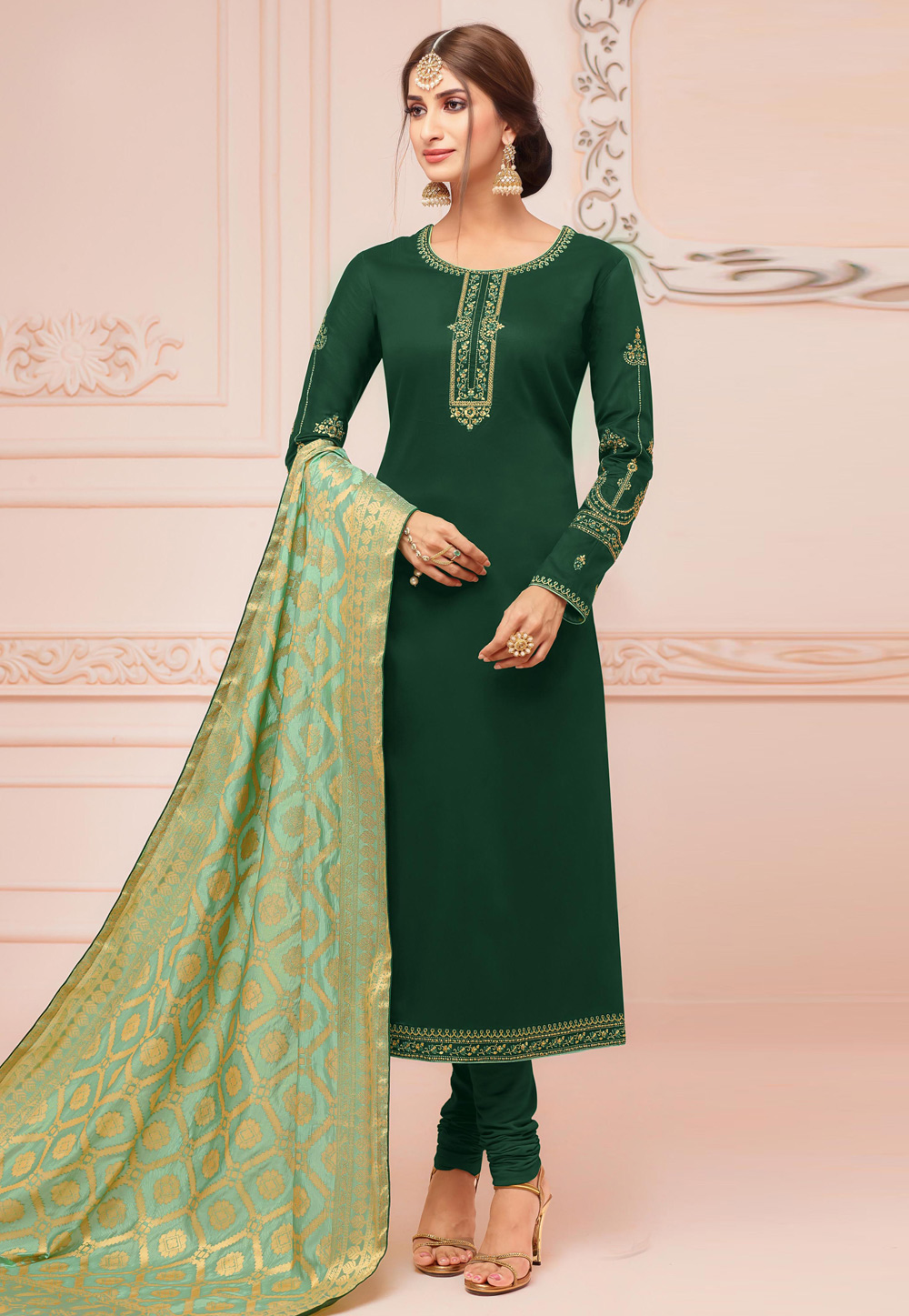 Green Cotton Embroidered Churidar Suit 167733