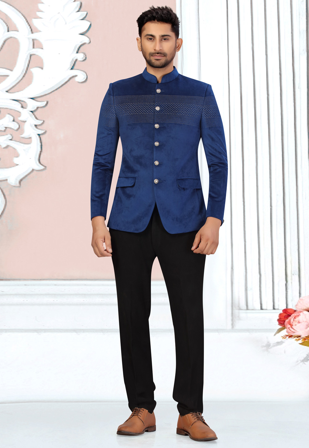 Embroidered Velvet Jodhpuri Suit in Navy Blue (32) - Ucchal Fashion