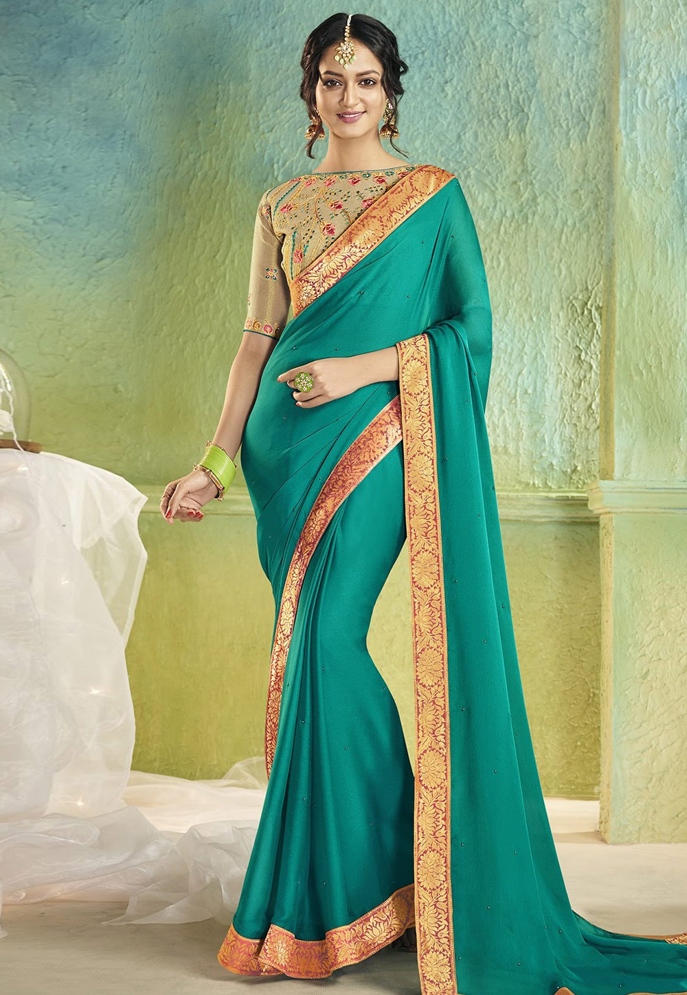 Turquoise Chiffon Saree With Blouse 181493