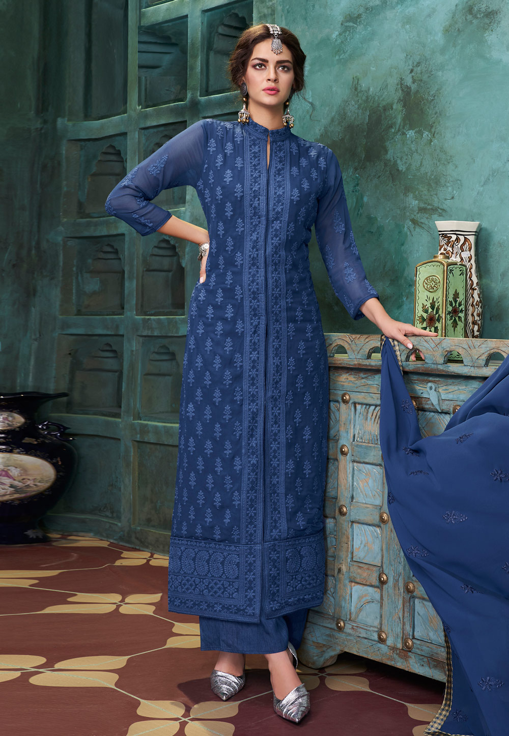 Blue Georgette Readymade Palazzo Suit 210336