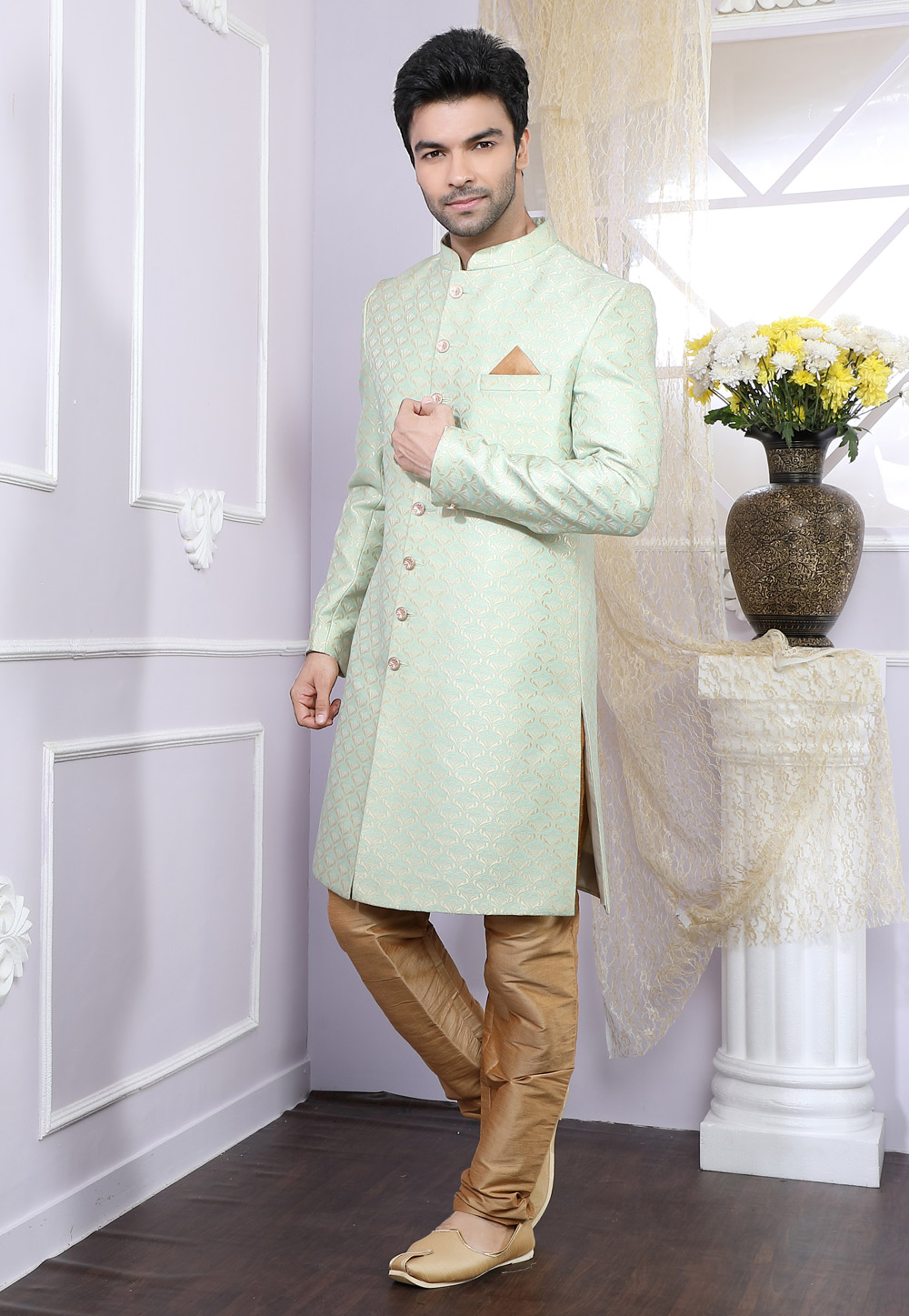 Pista Green Chanderi Readymade Indo Western Suit 166987