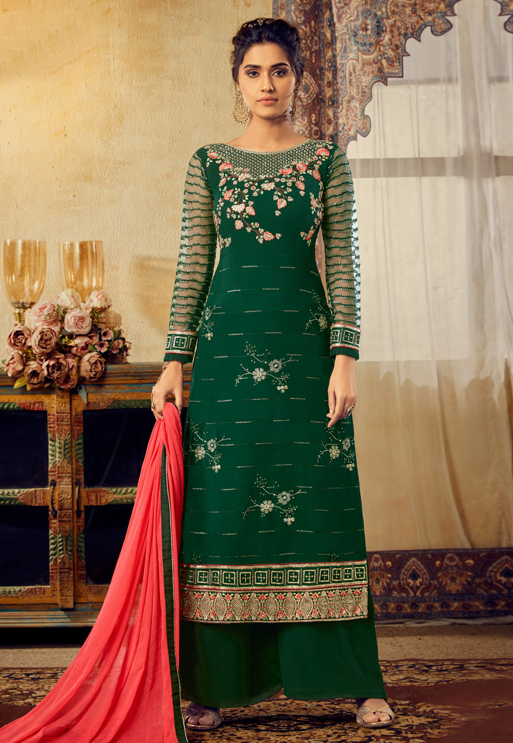 Green Viscose Embroidered Kameez With Palazzo 189727