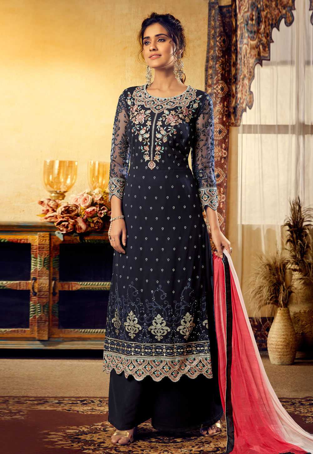 Navy Blue Viscose Embroidered Kameez With Palazzo 189729
