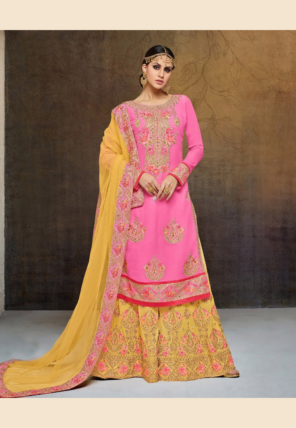 Pink Faux Georgette Embroidered Palazzo Suit 168030