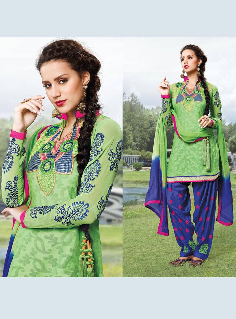Green Cotton Embroidered Patiala Salwar Kameez 40333