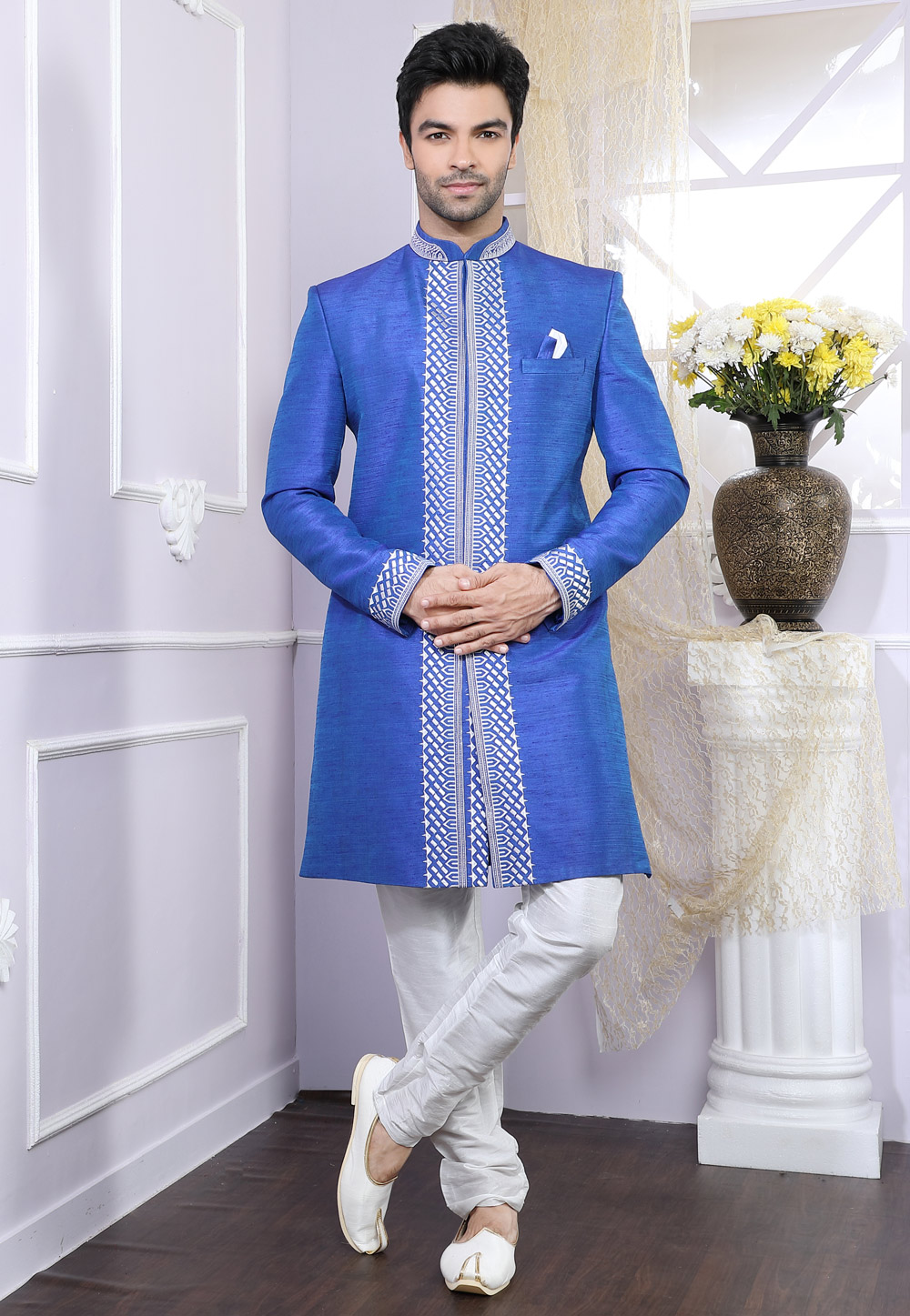 Blue Banglori Silk Readymade Indo Western Suit 166988