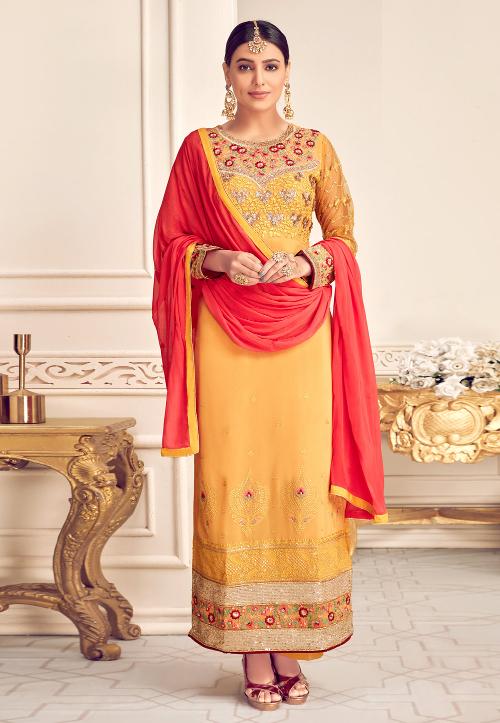Yellow Viscose Georgette Kameez With Palazzo 210364