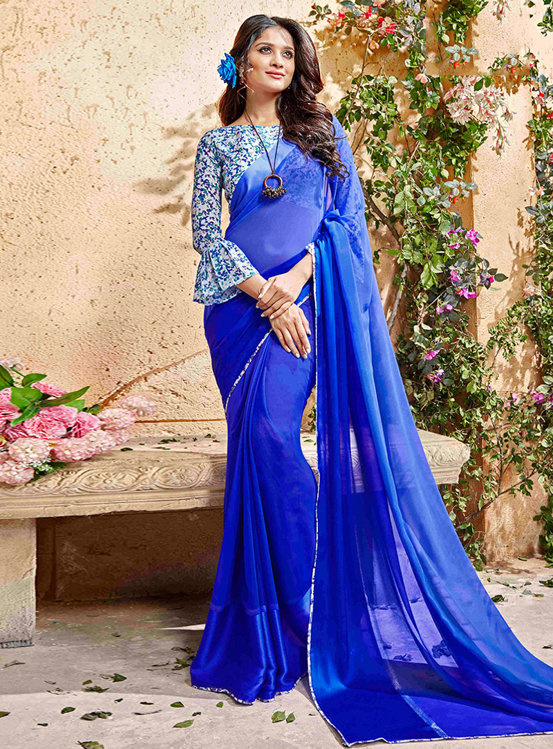 Royal Blue Georgette Printed Saree With Blouse 113756