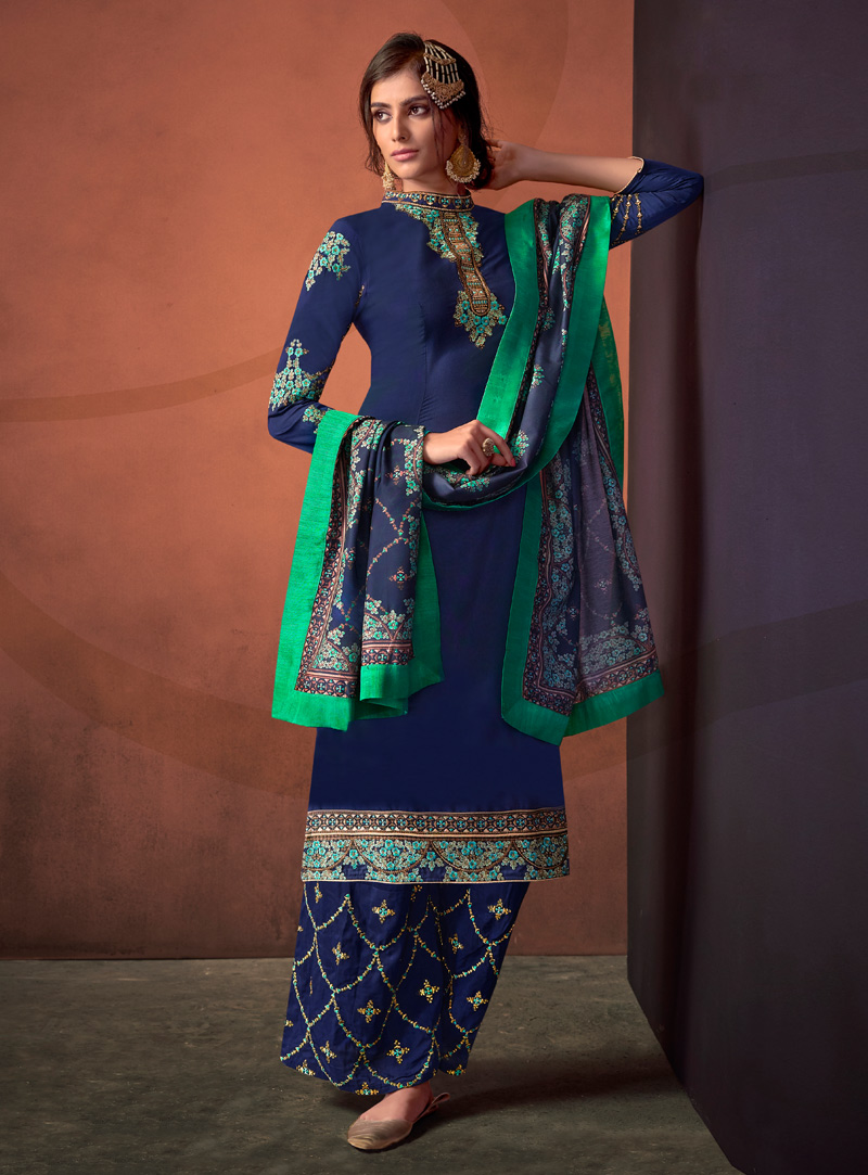 Navy Blue Cotton Pakistani Style Suit 144001