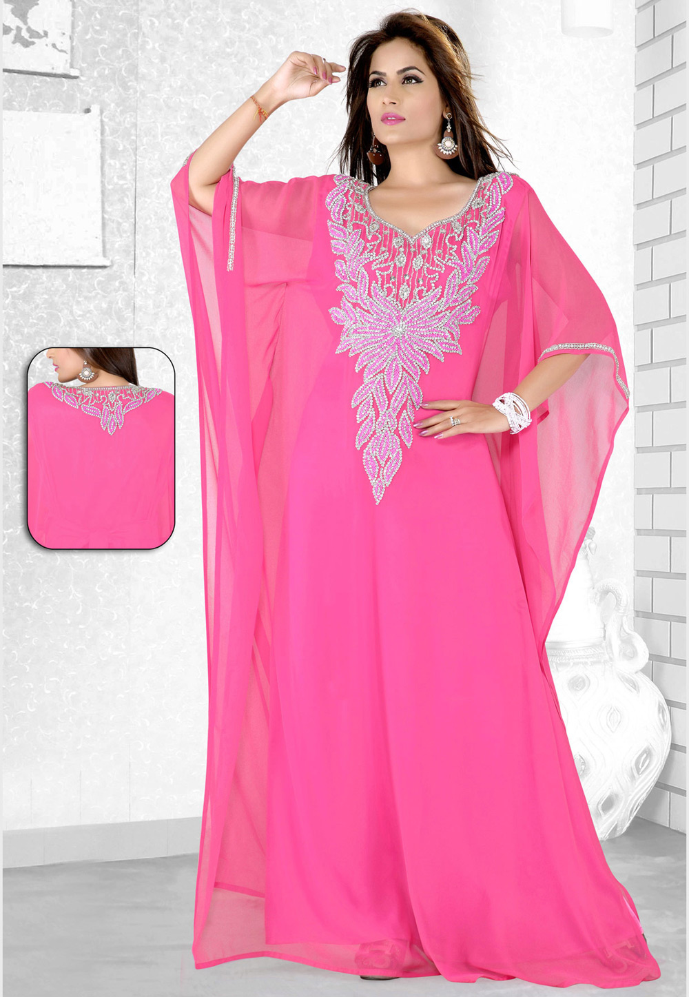 Pink Faux Georgette Embroidered Readymade Farasha 194064
