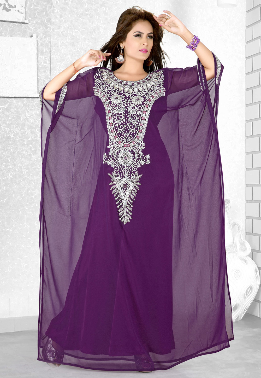Purple Faux Georgette Embroidered Readymade Farasha 194065
