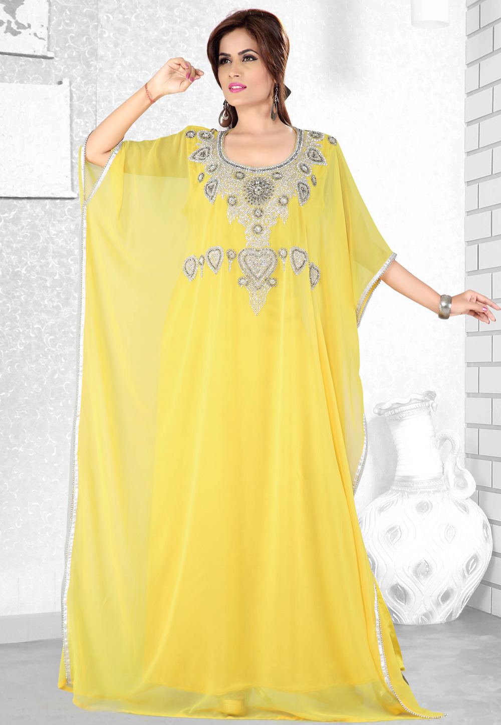 Yellow Faux Georgette Embroidered Readymade Farasha 194067