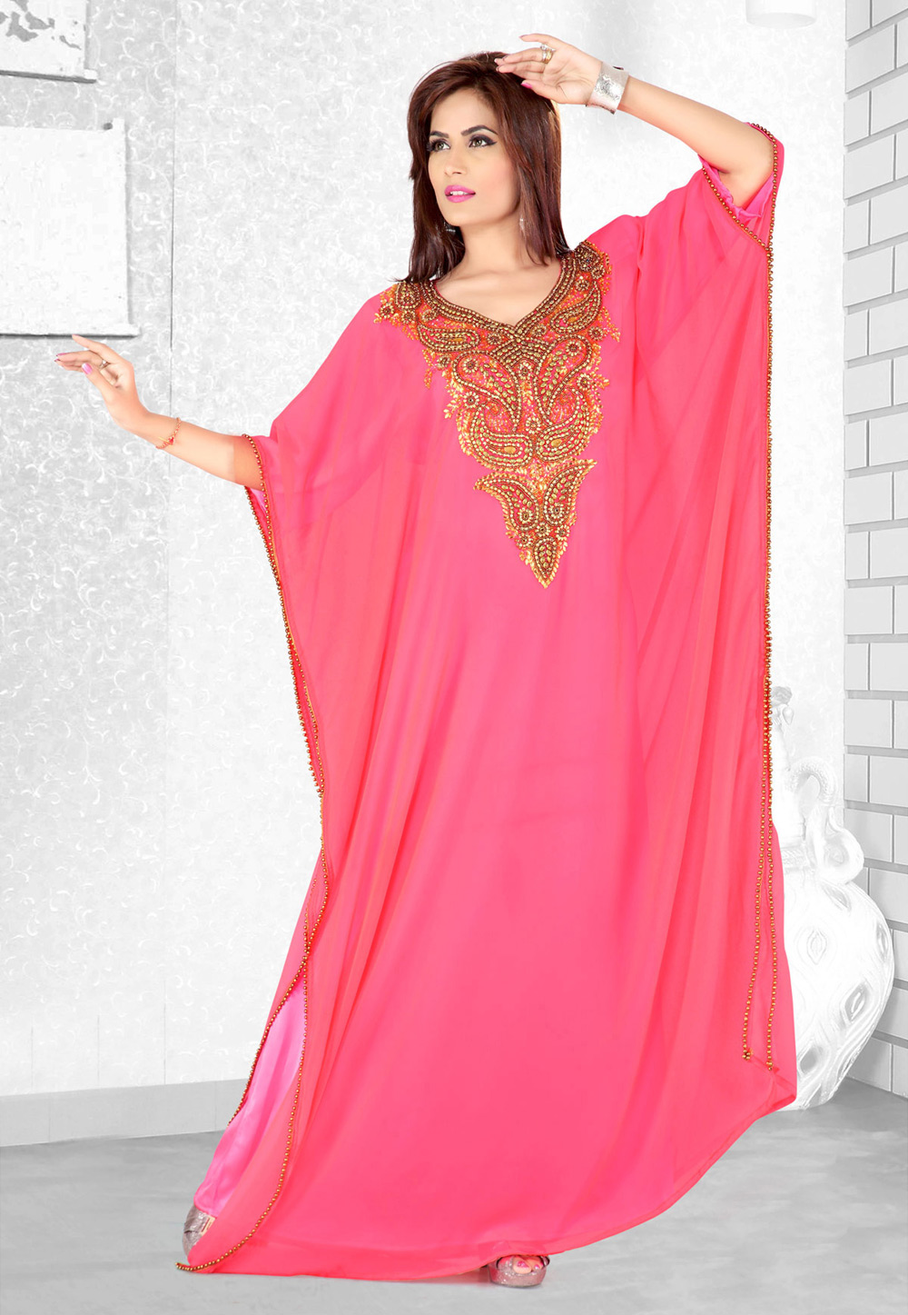 Pink Faux Georgette Embroidered Readymade Farasha 194069
