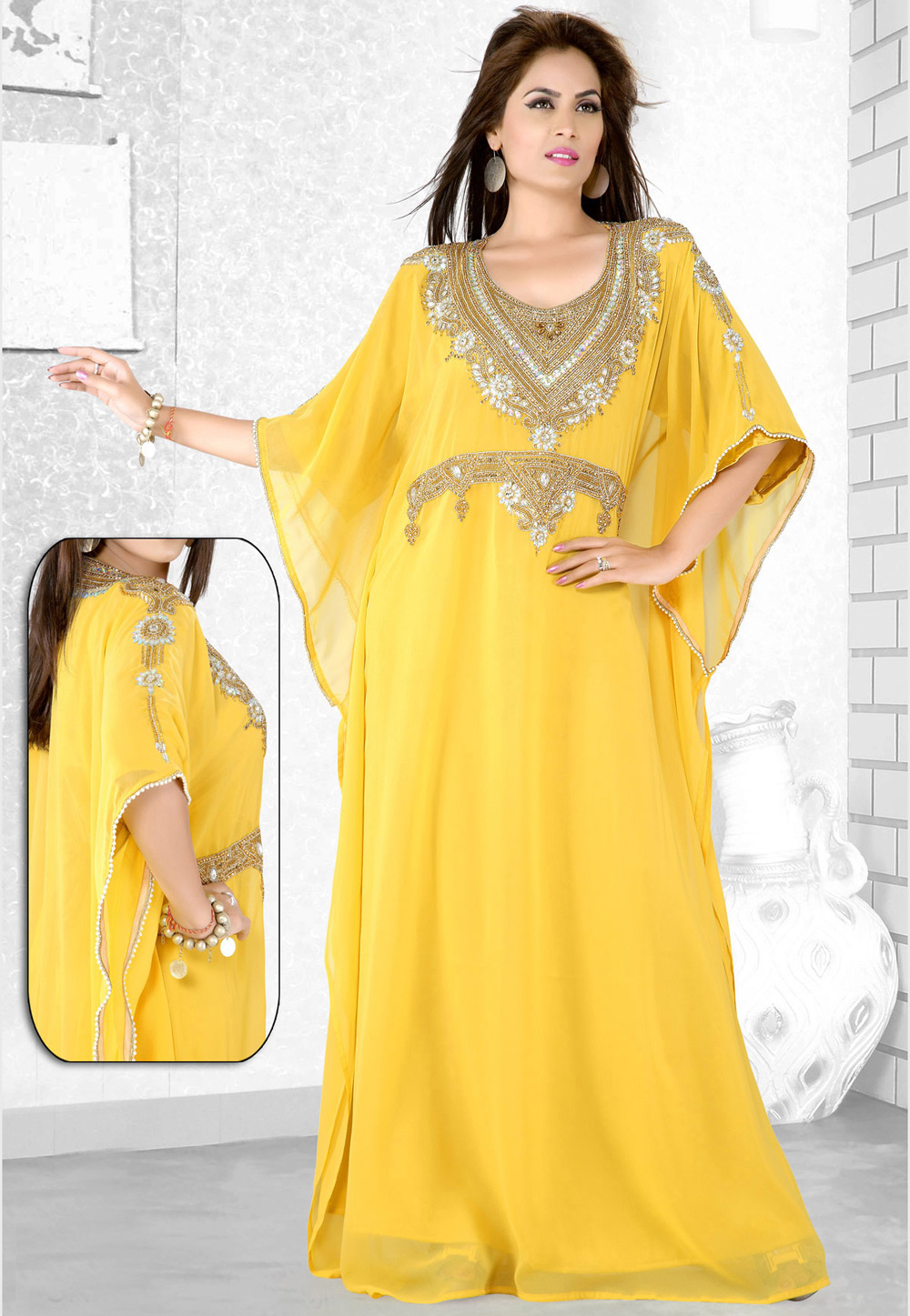 Yellow Faux Georgette Embroidered Readymade Farasha 194072