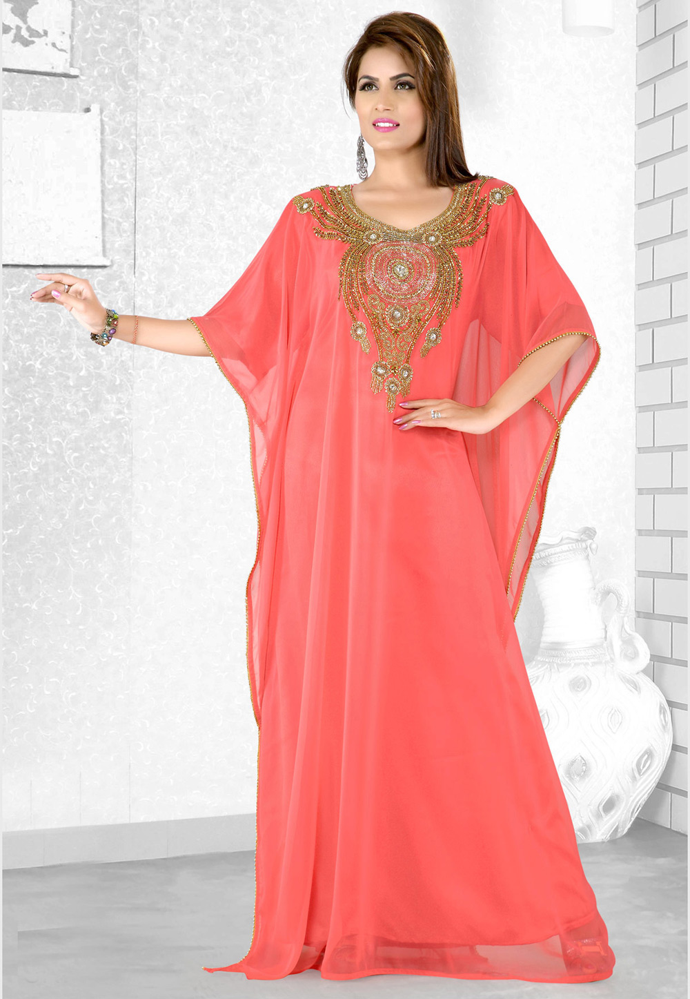 Pink Faux Georgette Embroidered Readymade Farasha 194079