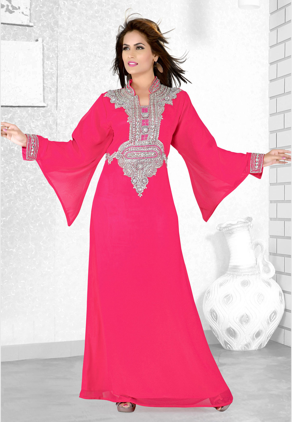 Pink Faux Georgette Embroidered Readymade Kaftan 194082