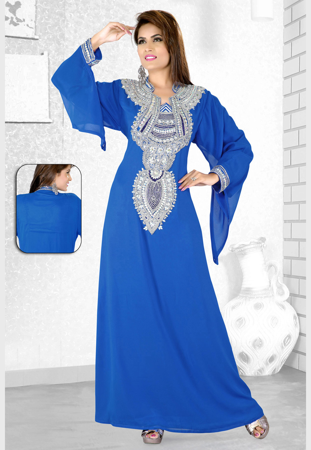 Blue Faux Georgette Embroidered Readymade Kaftan 194083