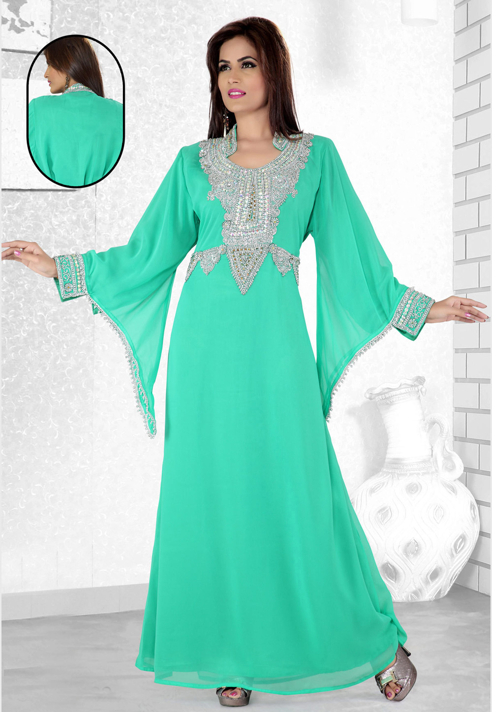 Turquoise Faux Georgette Embroidered Readymade Kaftan 194085