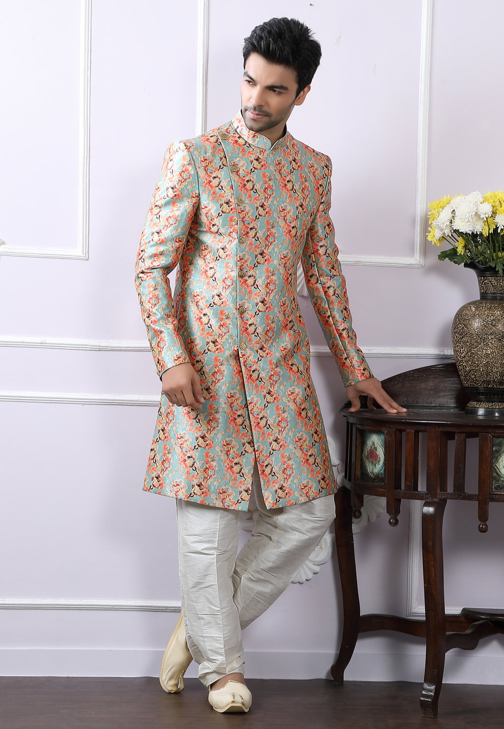 Aqua Silk Readymade Indo Western Suit 166990