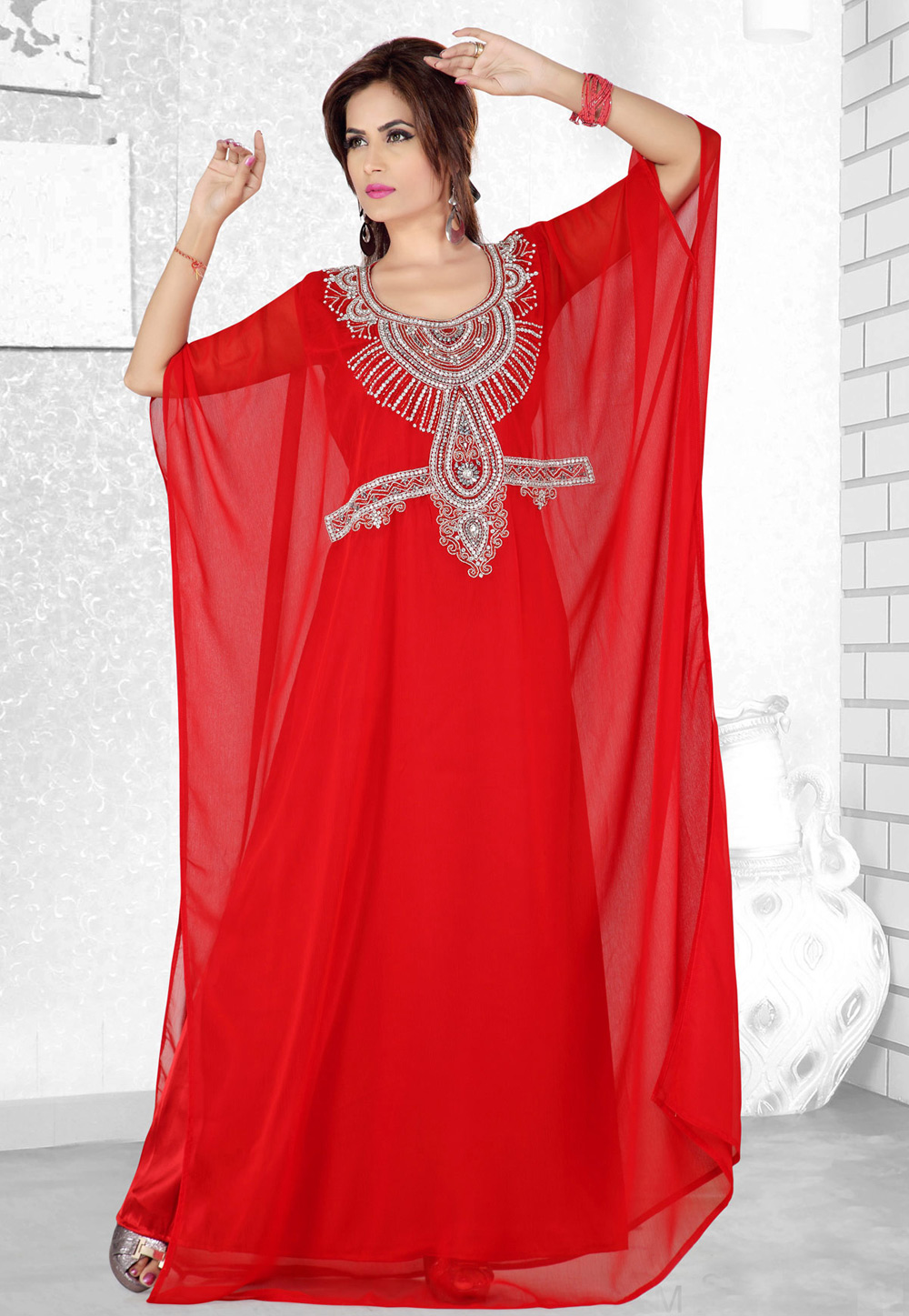 Red Faux Georgette Embroidered Readymade Farasha 194086