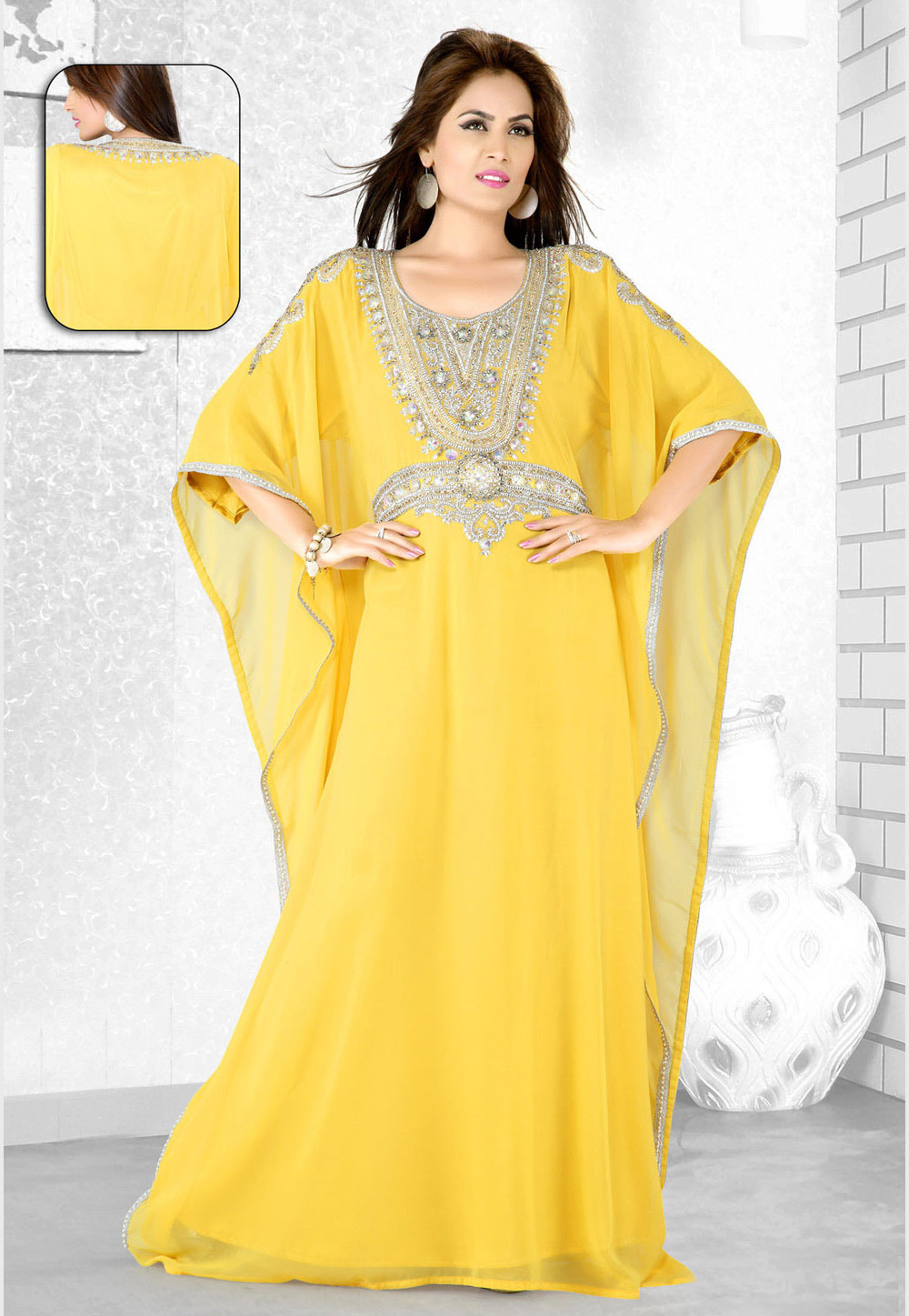 Yellow Faux Georgette Embroidered Readymade Farasha 194095