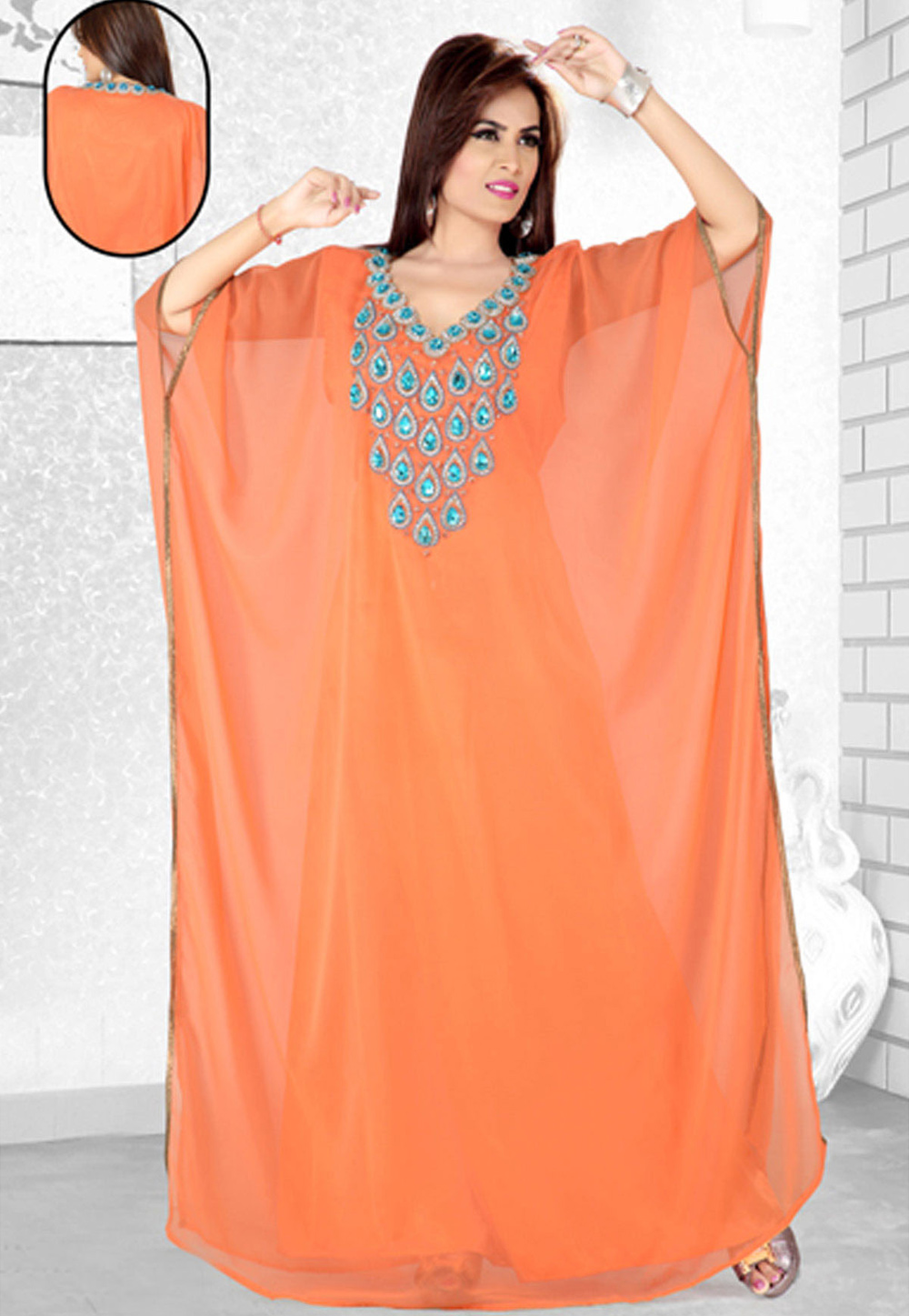 Orange Faux Georgette Embroidered Readymade Farasha 194101