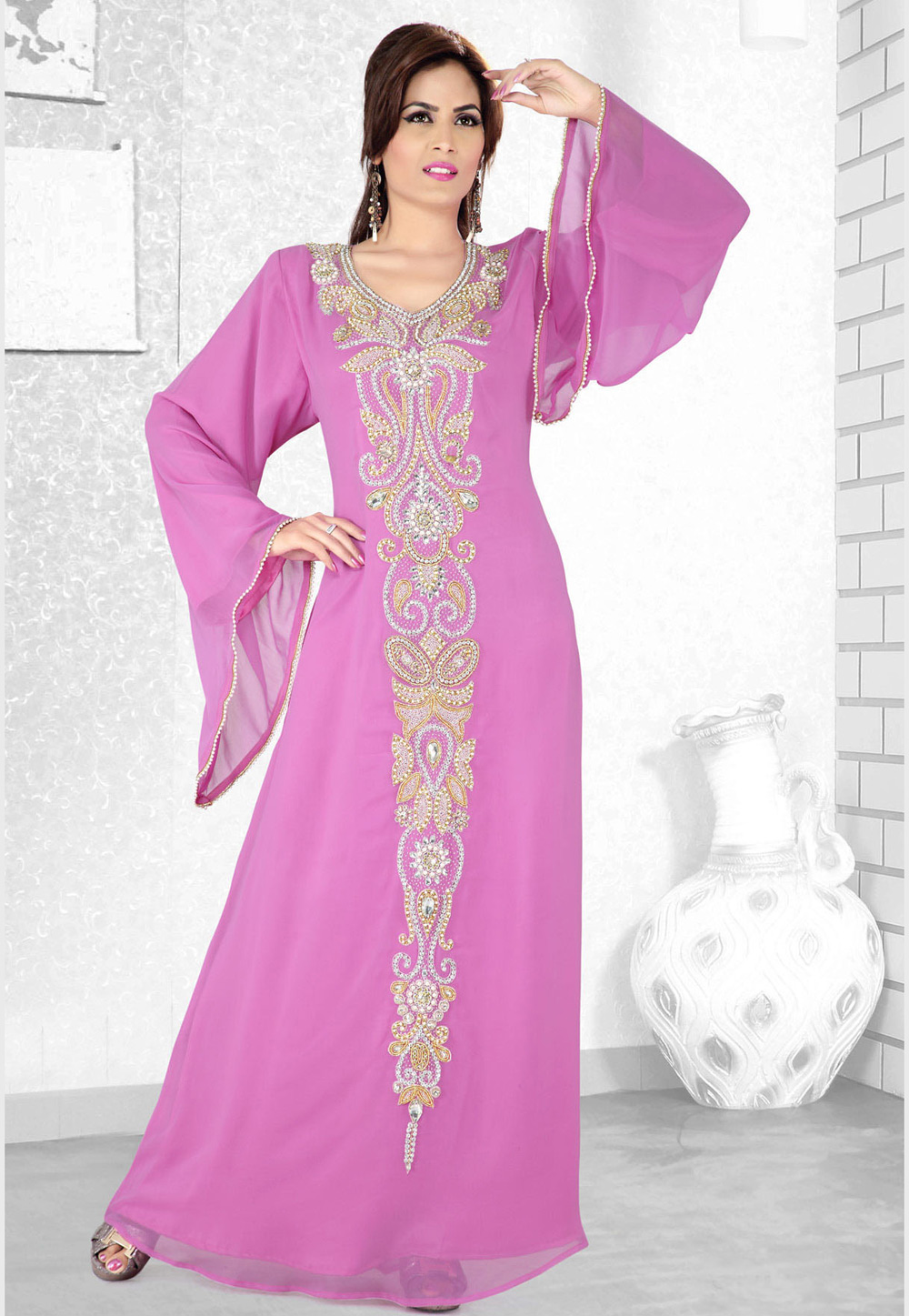 Pink Faux Georgette Embroidered Readymade Kaftan 194103
