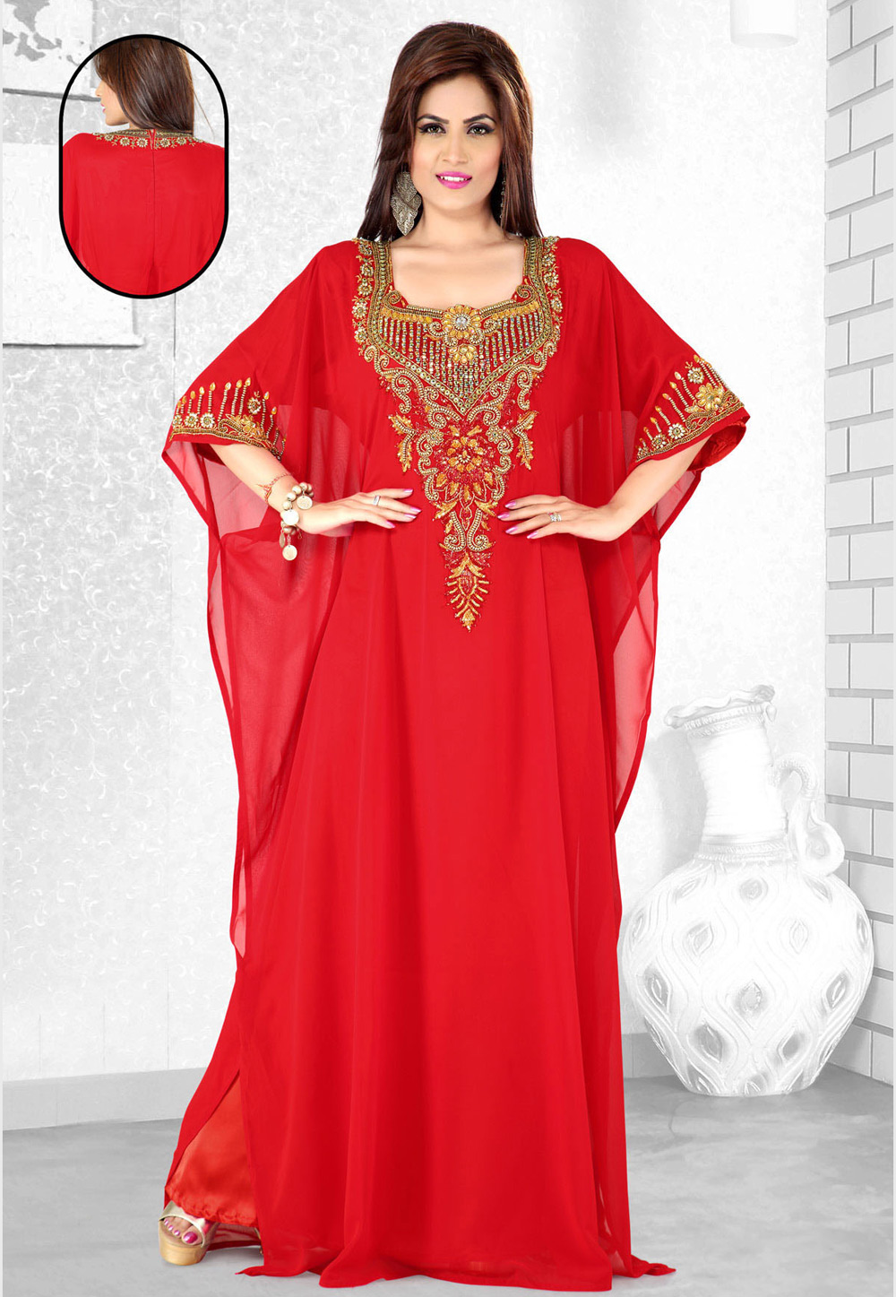 Red Faux Georgette Embroidered Readymade Farasha 194104