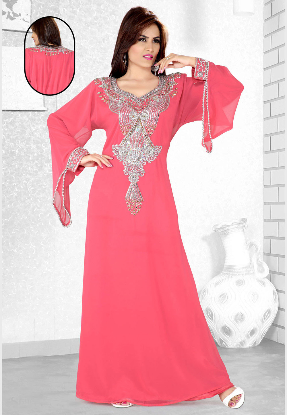 Pink Faux Georgette Embroidered Readymade Kaftan 194106