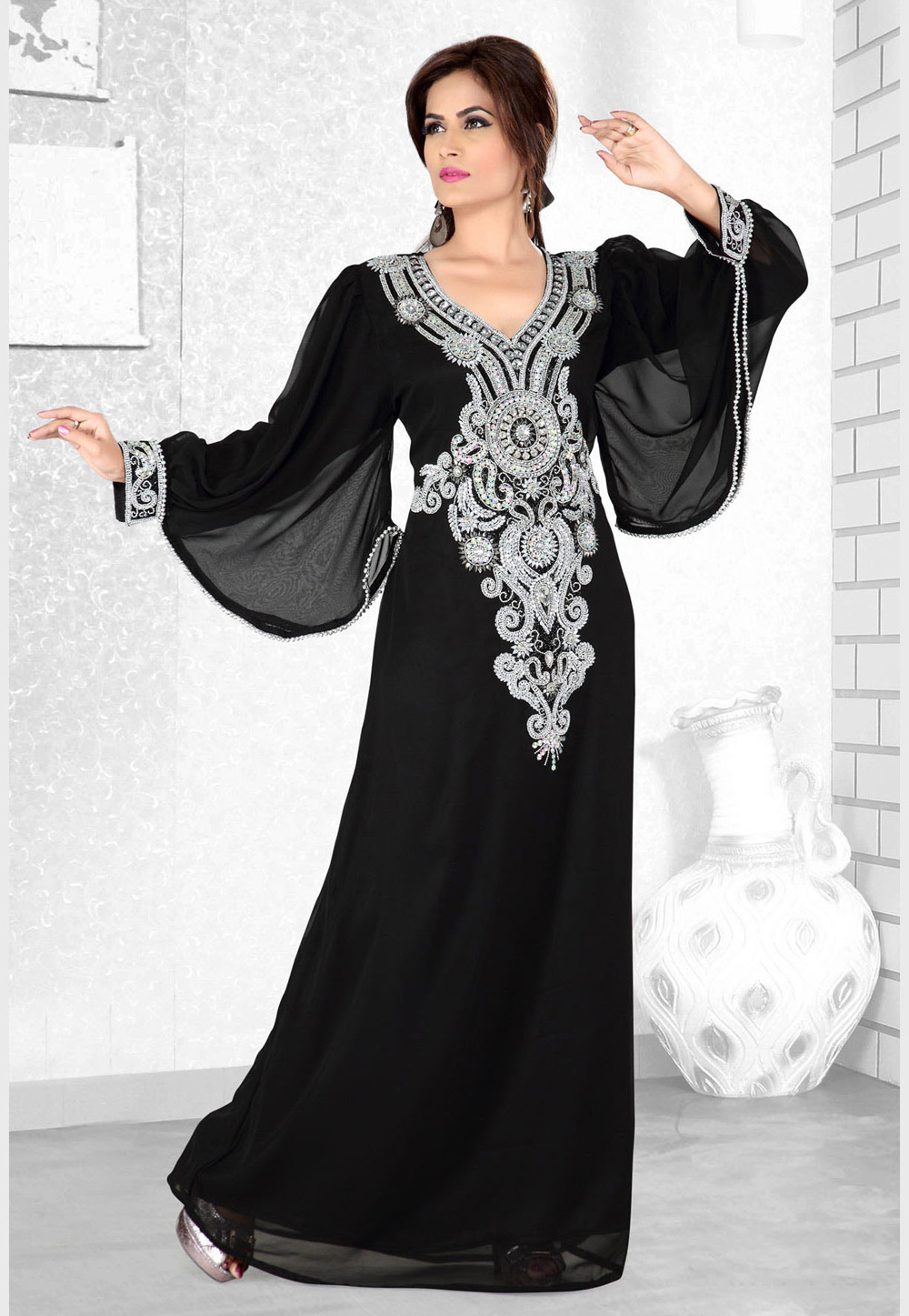 Black Faux Georgette Embroidered Readymade Kaftan 194109