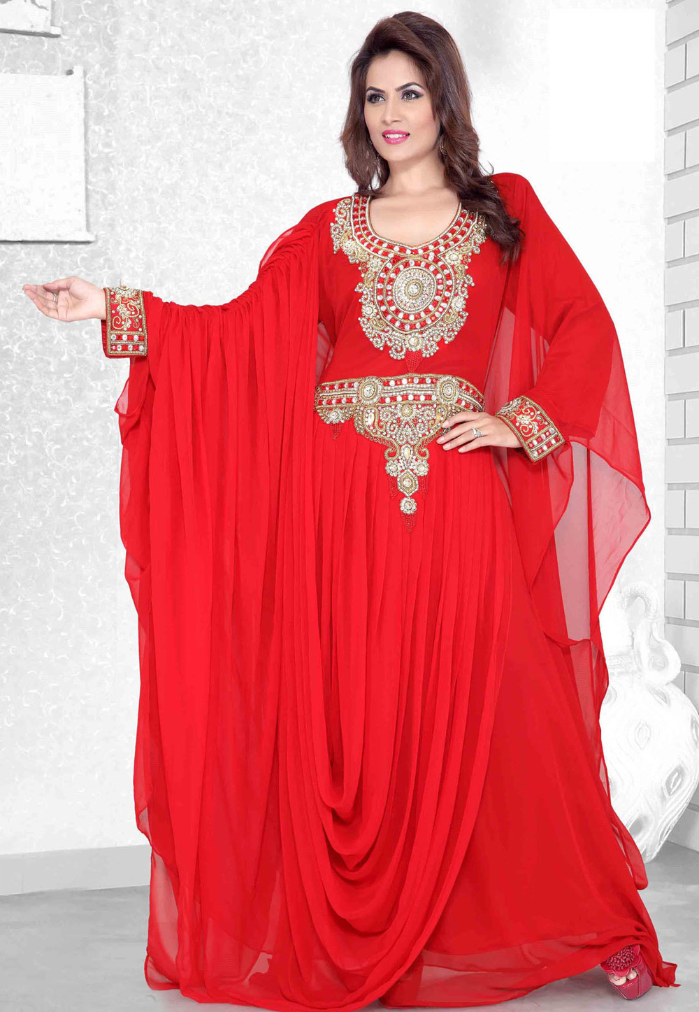 Red Faux Georgette Embroidered Readymade Farasha 194115