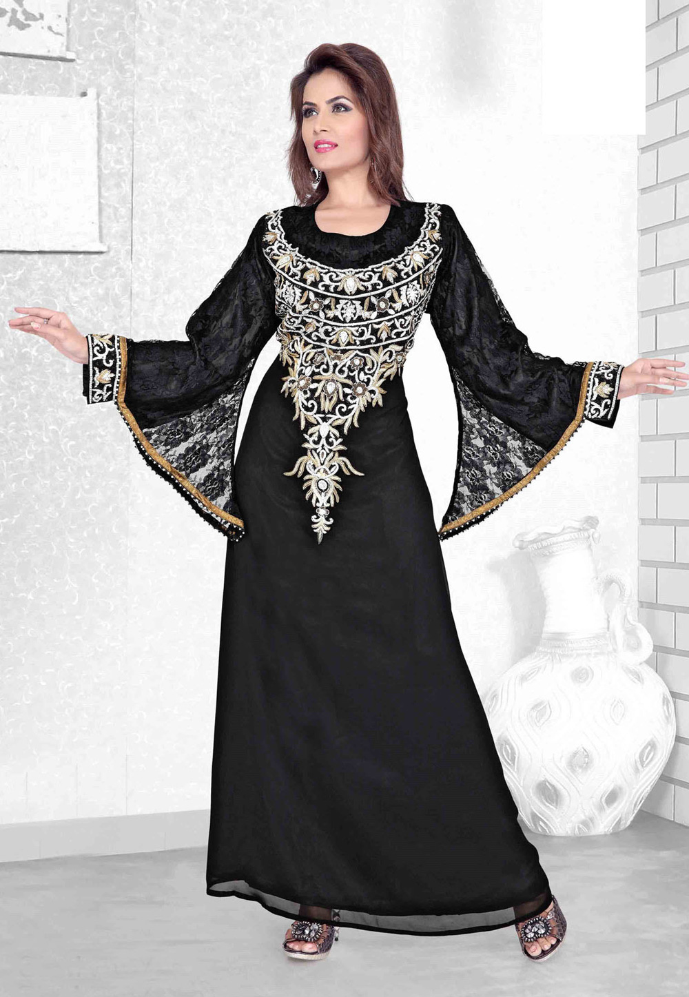 Black Faux Georgette Embroidered Readymade Kaftan 194120