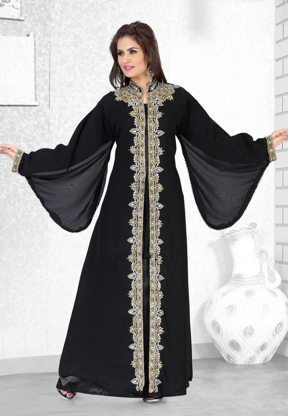 Black Faux Georgette Embroidered Readymade Kaftan 194501
