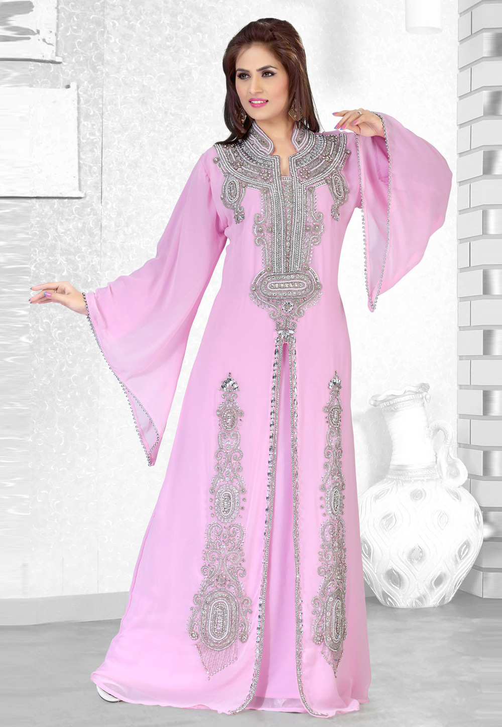 Pink Faux Georgette Embroidered Readymade Kaftan 194503
