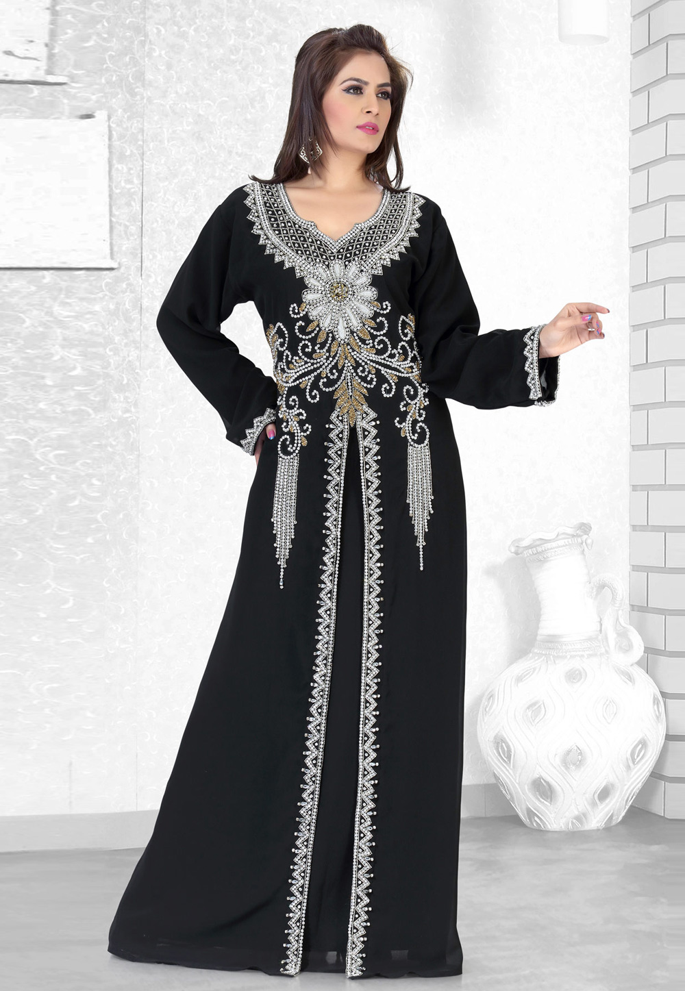 Black Faux Georgette Embroidered Readymade Kaftan 194504