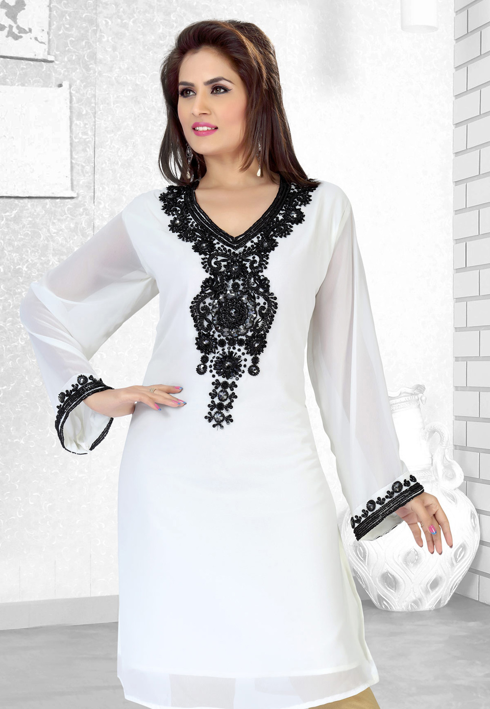 White Faux Georgette Embroidered Readymade Islamic Kurti 194521