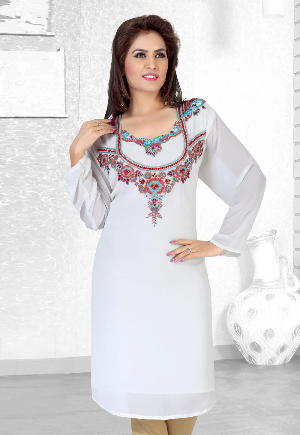 White Faux Georgette Embroidered Readymade Islamic Kurti 194522