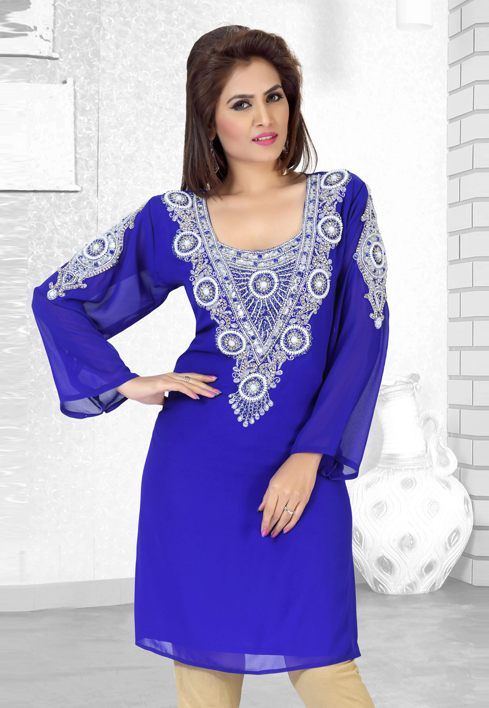 Blue Faux Georgette Embroidered Readymade Islamic Kurti 194523