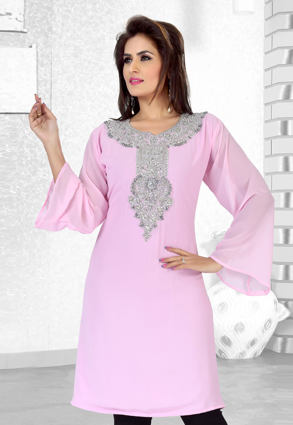 Light Pink Faux Georgette Embroidered Readymade Islamic Kurti 194524