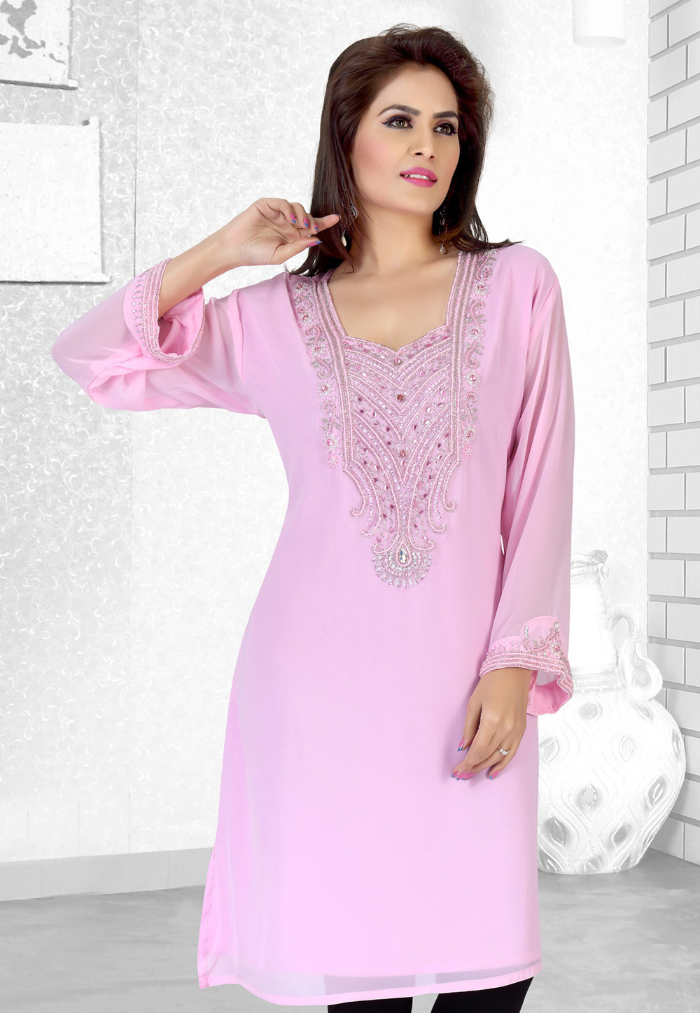 Light Pink Faux Georgette Embroidered Readymade Islamic Kurti 194526
